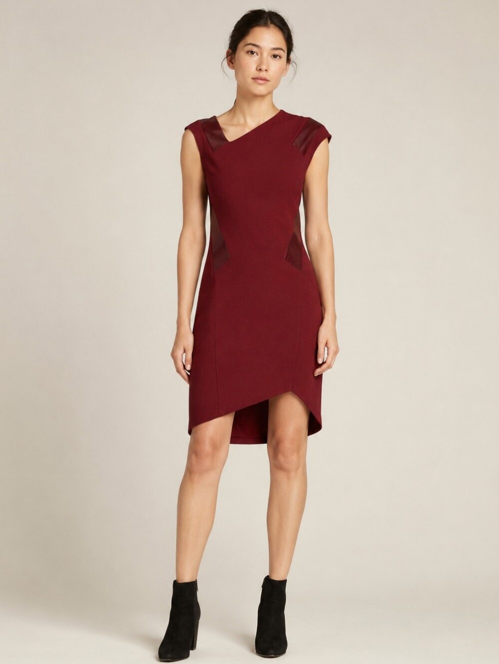 Helmut Lang Burgundy Asymmetrical Leather Trim Dress Size 2 Made in USA